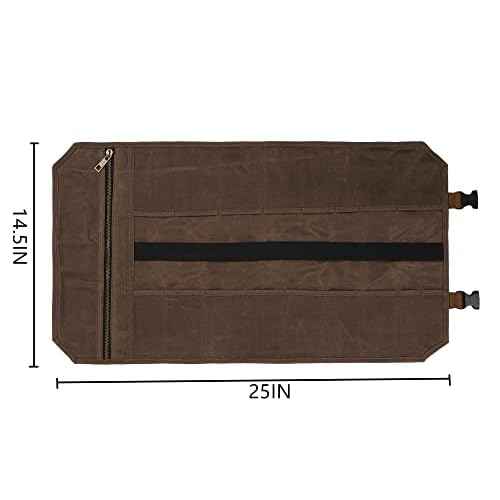 Denifiter Tool Bag, Heavy Duty 16oz Waxed Canvas Tool Roll Up Pouch Tool Organizer, (L) 25" X (H) 14.5" Gray
