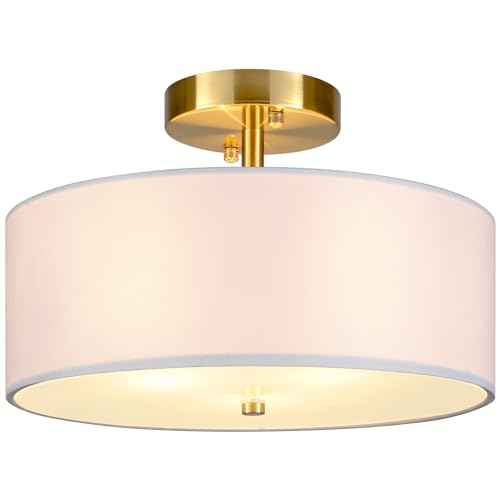12.6" Semi Flush Mount Ceiling Light Fixture, 3 Light Gold Drum Light Fixtures with White Fabric Shade, Modern Close to Ceiling Lighting for Living Room, Bedroom, Hallway, Entry, Foyer
