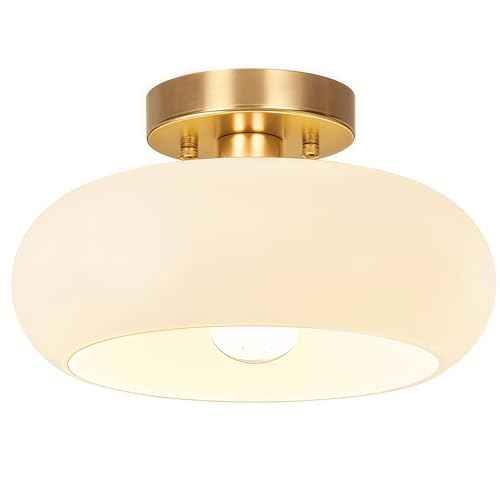 Gold Semi Flush Mount Ceiling Light,11inch Mid Century Modern Light Fixture,Hallway Lighting Fixture with Milk White Glass Shade,Vintage Ceiling Lamp for Kitchen,Porch,Entryway,Closet,Bedroom