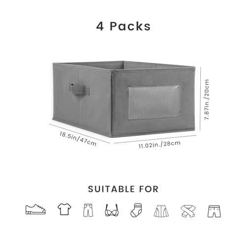 4 Packs Linen Storage Bins with Clear Window, Closet Organizers and Storage Containers with Handle, Large Storage Box Basket for Clothing, Jeans, Toys, Books, Shelves(18.50x11.02x7.87in.)