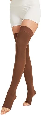 MGANG Medical Thigh High Compression Stockings for Men & Women, Pair, Open Toe, 15-20 mmHg Graduated Compression Support Hose, Opaque, Best for Varicose Veins, Edema, Flight, DVT, Swelling, Brown L