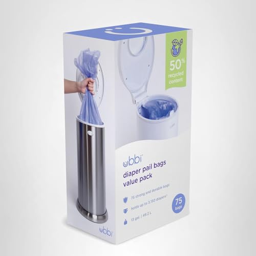 Ubbi Diaper Pail Plastic Bags, Disposable Baby Waste Bags, 3 Pack, 75 Count, 13-Gallon Bags