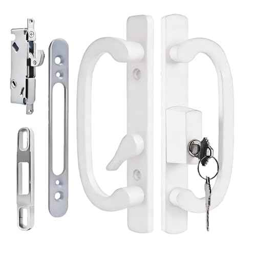 Offset Sliding Patio Door Handle Set with Mortise Lock & Keys | 45¡Æ Keyway | Fits 1-3/8" to 2" Doors | 3-15/16" Hole Spacing | Zinc Alloy | Non-Handed | Matte White Diecast