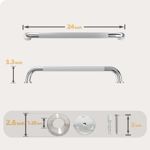 24 Inch Shower Grab Bar, Bathroom Grab Bar Handle with Anti-Slip Knurled Grip, Stainless Steel Bath Balance Bar, Bath Safety Bar Support for Seniors Elderly, Shower Hand Rails Brushed Nickel -1 Pack