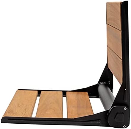 Home Aesthetics 18" ADA Compliant Wall-Mounted Folding Serena Teak Wood Shower Bench Seat with Matte Black Frame, Clear Coated for Extra Protection
