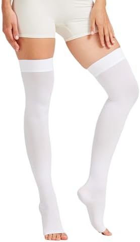 MGANG Medical Thigh High Compression Stockings for Men & Women, Pair, Open Toe, 15-20 mmHg Graduated Compression Support Hose, Opaque, Best for Varicose Veins, Edema, Flight, DVT, Swelling, White 4XL