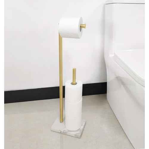 Toilet Paper Holder Stand Brushed Gold with Reserve, Marble Base Design, Free Standing Bathroom Tissue Roll Holder Freestanding, SUS304 Stainless Steel
