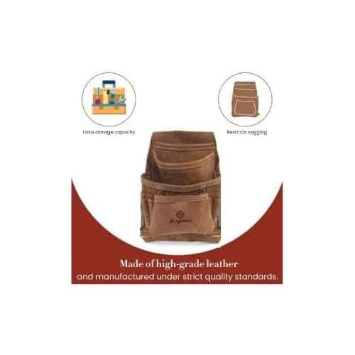 Buyohlic Heavy-Duty Suede Carpenter's Tool & Nail Bag ? 10-Pocket Construction Pouch, Dark Tan