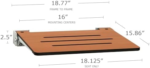 Seachrome 18 inch Silhouette Slimline Folding Wall Mount Shower Bench Seat, Teak Seat with Silver Frame