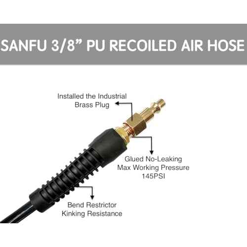 SANFU (PU) Polyurethane Recoil Air Hose 3/8¡±ID(9.1x 12.2mm) x 25ft, Flexible, Professional 145PSI with Reassembled Brass Quick Coupler and Plug, Grey(25')