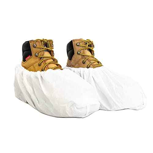 Waterproof Boot and Shoe Covers - Durable, Extra Large, Stretchable Up to Size 14 Work Boot - Dispenser Box Contains 80 Shoe Covers (40 Pair) - White
