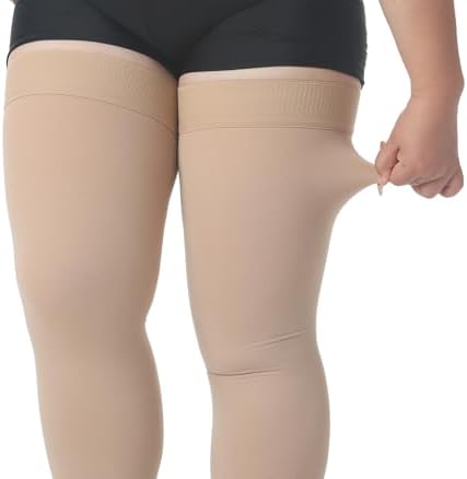 MGANG Medical Thigh High Compression Stockings for Men & Women, Pair, Open Toe, 15-20 mmHg Graduated Compression Support Hose, Opaque, Best for Varicose Veins, Edema, Flight, DVT, Swelling, Beige 5XL