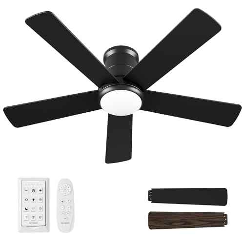 42 Inch Low Profile Ceiling Fan with Light, Black Ceiling Fans with Lights and Remote, Flush Mount, 6 Speeds Reversible Quiet DC, 3CCT Dimmable, Indoor Outdoor Ceiling Fans for Patios Bedroom