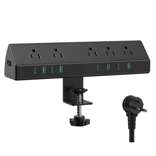 45W Fast Charging Station,Desk Clamp Power Strip,4 PD USB-C Ports,5 AC Outlets,Surge Protector Power Strip, 14AWG Heavy Duty Cord, Fits 1.9" Tabletop Edge (Black, 15 FT Cable)