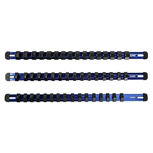ARES 60125-3-Piece Blue 17-Inch Aluminum Socket Rail Set with Locking End Caps - Includes 1/4-Inch, 3/8-Inch, and 1/2-Inch Drive Rails - Each Aluminum Rail Stores up to 16 Sockets