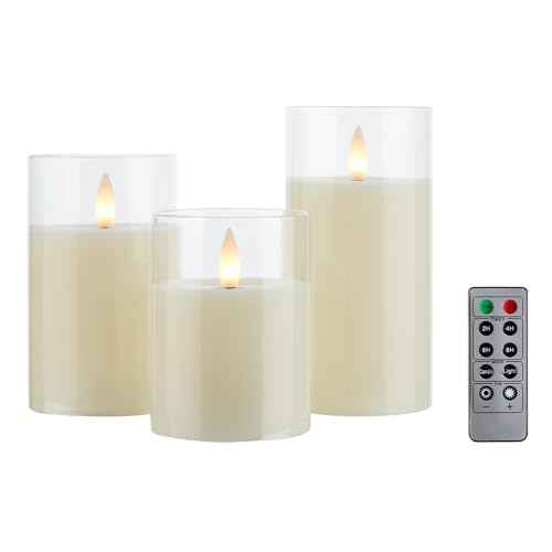 Glass Flameless Pillar Candles Flickering with Remote Timer, Battery Operated LED 3D Moving Flame Real Wax Candles,Remote Included (Ivorywhite)
