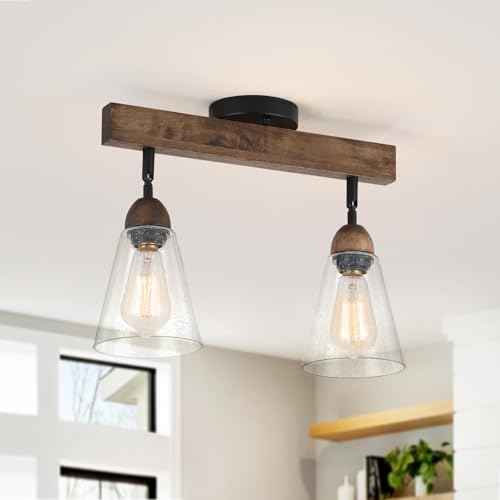 2-Light Rustic Farmhouse Glass Track Flush Mount Ceiling Light Fixture Mini Clear Seeded Glass Shade and Oak Wood Semi Flush Mount Ceiling Light for Kitchen Bedroom Hallway Entryway Sink