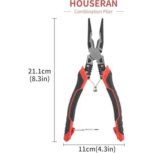 Needle Nose Pliers, HOUSERAN Long Needle Nose Pliers with Wire Stripper and Crimper, 8.3 Inch Long Nose Pliers, Spring Loaded with Safety Lock, 5-in-1 Needle Nose for Bending, Crimping, Stripping
