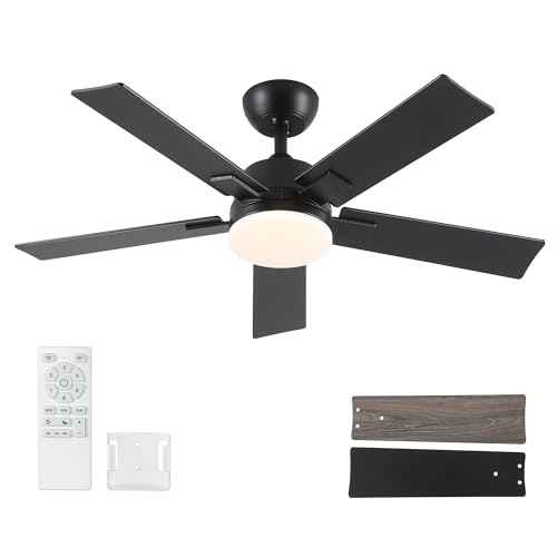 42 Inch Ceiling Fans with Lights and Remote, Black Ceiling Fan with 5 Blades, 6 Speed Reversible DC Motor, 3CCT Dimmable LED, Modern Design for Bedroom, Living room & Covered Outdoor,Includes Downrod