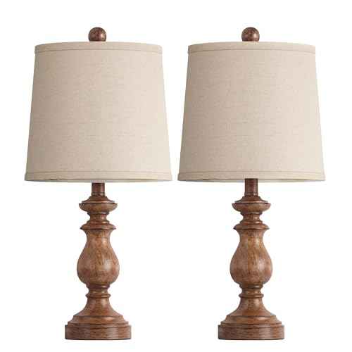 PARTPHONER Traditional Table Lamp Set of 2, Rustic Farmhouse Table Lamps for Living Room Bedroom, 22" Bedside Desk Lamps Vintage Nightstand Lamps with Linen Shades, Wood Grain