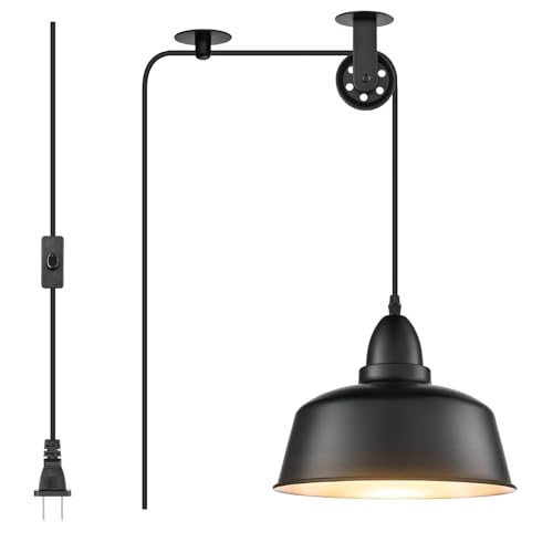 Plug in Pendant Light, Farmhouse Hanging Lights with Plug in Cord, Pulley Hanging Lamp, Black Industrial Pendant Lights Fixture for Kitchen Island, Bedroom, Dining Room, Living Room, Office