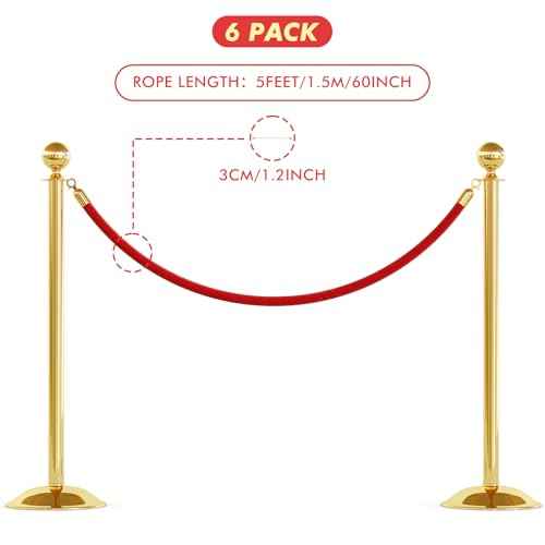 Woanger 6 Pack Velvet Stanchion Rope, 5 Feet Crowd Control Stanchion Ropes Safety Barrier with Gold Plated Hook for Carpet Events Movie Theaters Grand Openings Hotels Party (Red)