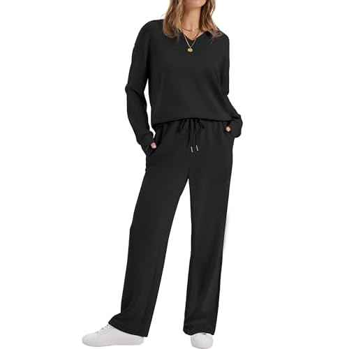 WIHOLL Lounge Sets for Women 2025 V Neck 2 Piece Outfits Airport Wide Leg Pants Matching Set Sweatsuits
