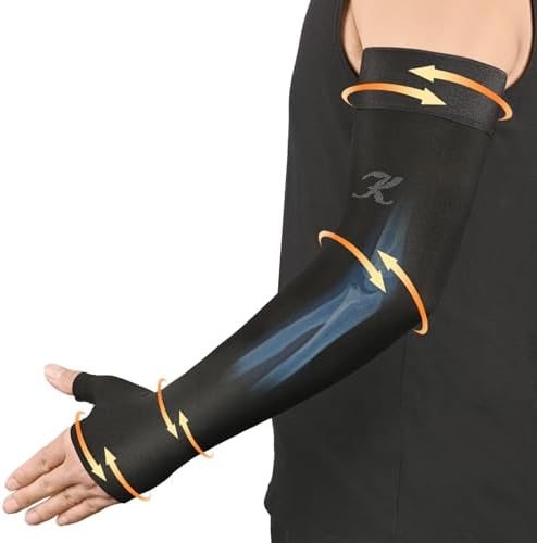 KEKING Lymphedema Compression Arm Sleeve with Gauntlet for Women Men, 20-30 mmHg Medical Graduated Compression Arm Brace, Full Arm Support Brace for Pain Relief, Arthritis, Swelling, Single Black XXL