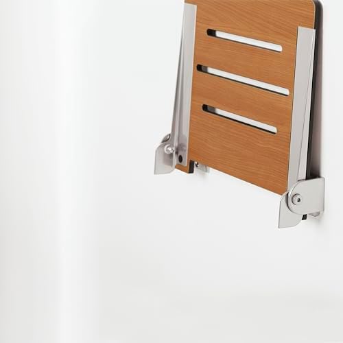 Seachrome 18 inch Silhouette Slimline Folding Wall Mount Shower Bench Seat, Teak Seat with Silver Frame