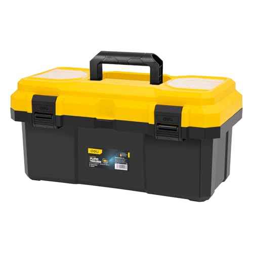 DELI 16-inch Tool Box with Removable Tray, Small Parts Organizer in Lid, Plastic Small Tool Box with Lock Secured and Handle, Black/Yellow