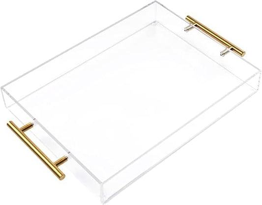 12"x16" Clear Acrylic Serving Tray with Golden Handles, Sturdy Huge Capacity Acrylic Tray for Coffee, Juice, Kitchen and Desk Organizer, Storage Tray (12"x16")