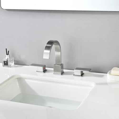 Widespread 8 Inch Brushed Nickel Bathroom Sink Faucet, Waterfall Nickel Stainless Steel Bathroom Faucet for Sink 3 Hole, Vanity Lavatory Sink Faucets with Drain & Water Hoses