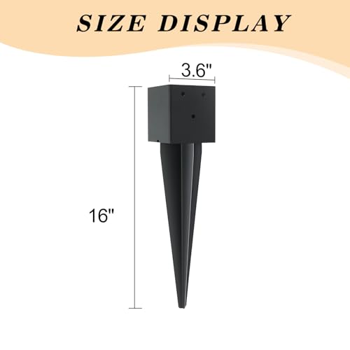 4 Pcs 4"x4" Fence Post Anchor Ground Spike,(Internal 3.6"x3.6"),Metal Post Stake Ground 16" with Black Powder-Coated,Fence Stakes Post Base for Deck,Fence,Porch,Railing,Mailbox