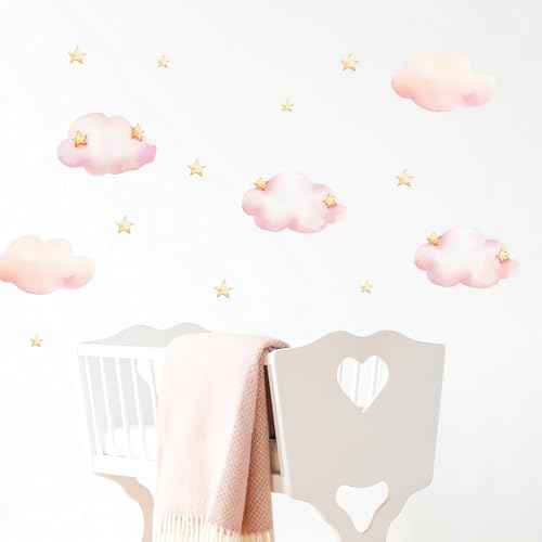 Pink Clouds and Stars Wall Stickers, sacinora Cartoon DIY Art Wall Decals Removable Vinyl Peel and Stick for Kids Baby Nursery Living Room Bedroom Children's Room Playroom Decorations