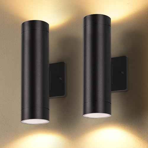 LUTEC Dusk to Dawn Outdoor Wall Lights, 16W Integrated LED Cylinder Up-Down Sconce, 3000K Waterproof Aluminum Exterior Lighting, Matte Black Modern Porch and Entryway Wall Light Fixture, 2 Pack
