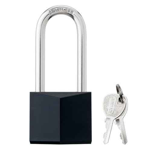 4-Pack Keyed Alike Locks, Black Covered Brass Keyed Padlock with Stainless Steel Long Shackle, 1-9/16 Inch Lock Body, Rustproof Locks for Gate Fence Hasp Cabinet Toolbox Gym or School Locker