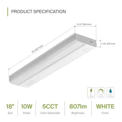 ASD 18 Inch LED Under Cabinet Lighting Hardwired, On/Off & Color Temp Switch, 10W 807LM, 5CCT 2700K-5000K CRI90+, Dimmable Under Counter Lights for Kitchen, Under Cabinet Lights, 2 Pack, UL