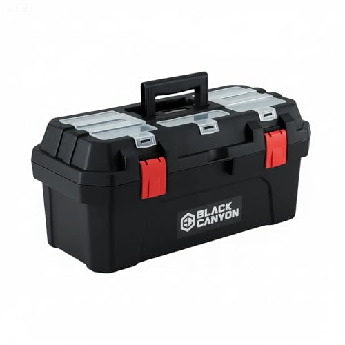 Black Canyon 19 Inch Plastic Tool Box, Support up to 44 lbs, w/Handle, Polypropylene, Dual-Layer Design, Flexible for Stacking, Top-Lid Storage, Ideal for DIY, Workshop, Job Site Organization