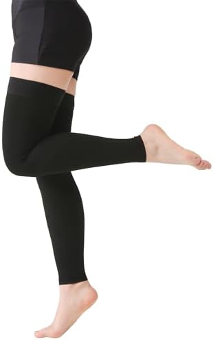 MGANG 15-20 mmHg Compression Stockings for Women & Men, Thigh High Medical Footless Graduated Compression Sleeves with Silicone Dot Band, for Varicose Veins, Edema, Travel, Flight, Pregnant, Black XL