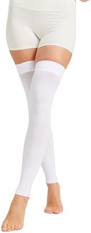 MGANG 15-20 mmHg Compression Stockings for Women & Men, Thigh High Medical Footless Graduated Compression Sleeves with Silicone Dot Band, for Varicose Veins, Edema, Travel, Flight, Pregnant, White L