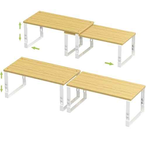 Adjustable Storage Shelves for Kitchen Cabinet Organization - Set of 2 Stackable Metal & Engineered Wood Racks, Space-Saving Design for Countertop/Pantry/Garage, Easy Assembly(2 Packs/Large/White)