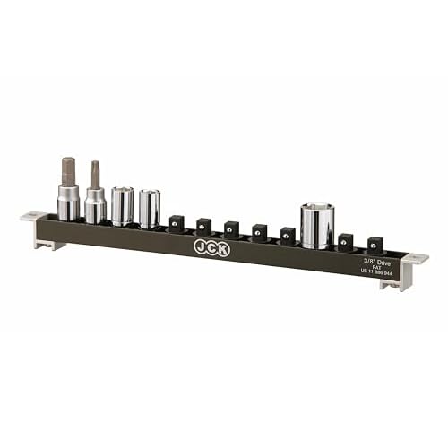JCK 3/8" Aluminum Socket Holder Tray, 360¡Æ Swivel Tool Organizer Rail Kit for Tool Box, Wall Hanging, Premium Quality and Lightweight, 12 Clips, Brass Screw Series