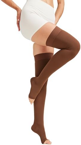 MGANG Medical Thigh High Compression Stockings for Men & Women, Pair, Open Toe, 15-20 mmHg Graduated Compression Support Hose, Opaque, Best for Varicose Veins, Edema, Flight, DVT, Swelling, Brown L