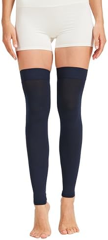 MGANG 15-20 mmHg Compression Stockings for Women & Men, Thigh High Medical Footless Graduated Compression Sleeves with Silicone Dot Band, for Varicose Veins, Edema, Travel, Flight, Navy Blue M