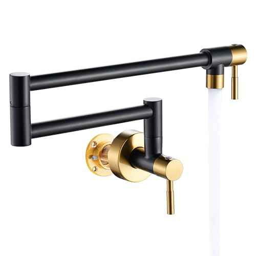 Fransiton Black & Gold Pot Filler, Pot Filler Faucet Wall Mount, Brass Folding Stretchable with Double Joint Swing Arm Single Hole Two Handles Kitchen Restaurant