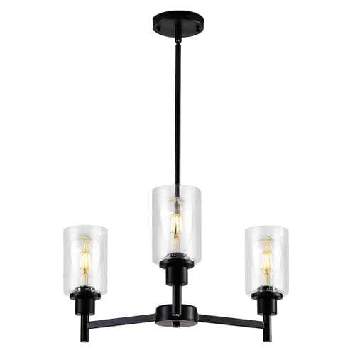 9MMML Farmhouse 3-Light Glass Chandelier, Modern Black Chandelier for Kitchen, Dining Room, Living Room, Foyer, E26 Bulb Base