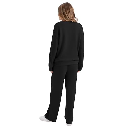 WIHOLL Lounge Sets for Women 2025 V Neck 2 Piece Outfits Airport Wide Leg Pants Matching Set Sweatsuits