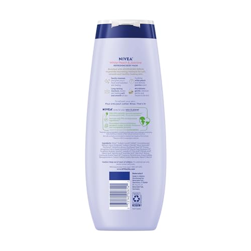 NIVEA Refreshing White Peach and Jasmine Body Wash with Nourishing Serum,Scented Body Wash for Women,Enriched with Provitamin B5 and Vitamin E,20 Fl Oz Bottle,(Pack of 6)