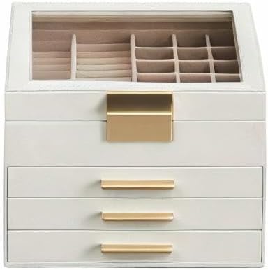 SONGMICS GISELLA Collection - Jewelry Box Organizer, 4-Layer Jewelry Storage with 3 Drawers, Shiny Metal Hardware, Glass Lid, Modern, 8 x 9.1 x 6.5 Inches, Cloud White and Gold Color UJBC173W01
