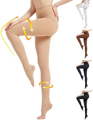 MGANG Medical Compression Pantyhose for Women & Men, 15-20mmHg Graduated Compression Support Tights, Open Toe, Opaque Waist High Compression Stockings for Edema, Varicose Veins, Flight, DVT, Beige S